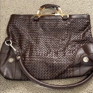 JM Joy Mangano Large Expresso Woven Leather Bag